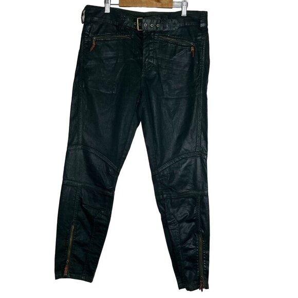 Ralph Lauren‎ Blue Label Skinny Waxed Belted Moto Jeans Green Size 12 - Picture 1 of 12